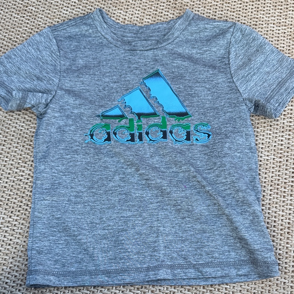 Adidas Kids Gray Tee with Blue and Green Logo